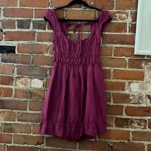 Anthropologie Raspberry ruched linen peasant mini dress, size XS